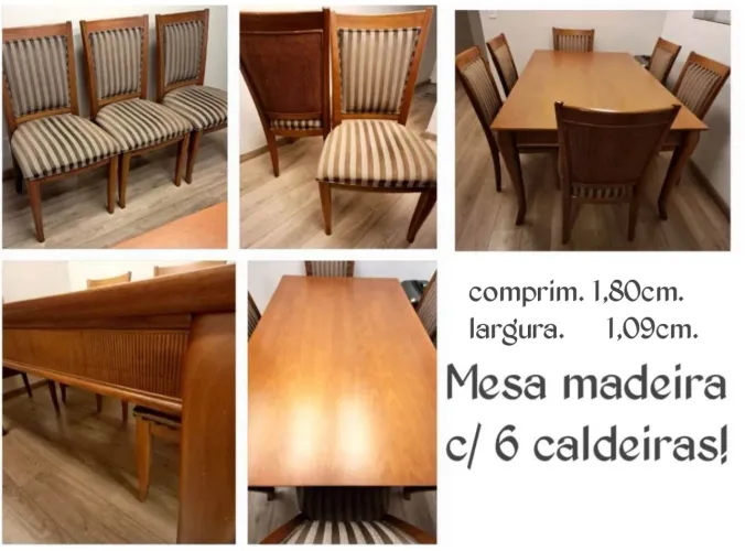 Jogo de Mesa de Jantar c/ 6 Cadeiras - Madeira Maciça