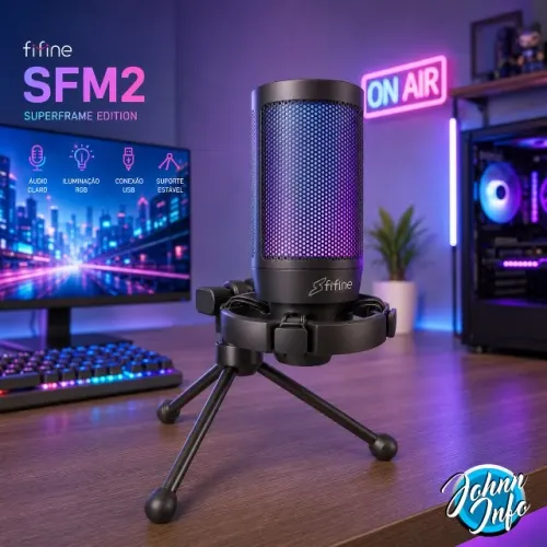 Microfone Gamer Condensador Fifine SuperFrame Edition SFM2 USB RGB Preto