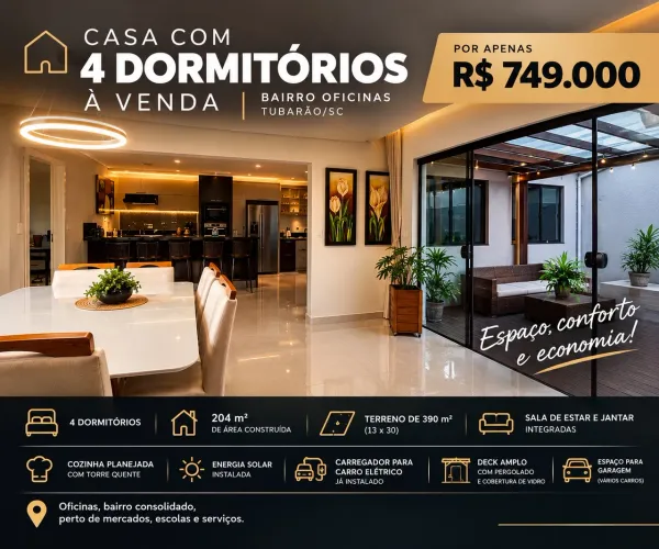 CASA COM 4 DORMITÓRIOS À VENDA NO BAIRRO OFICINAS - TUBARÃO/SC