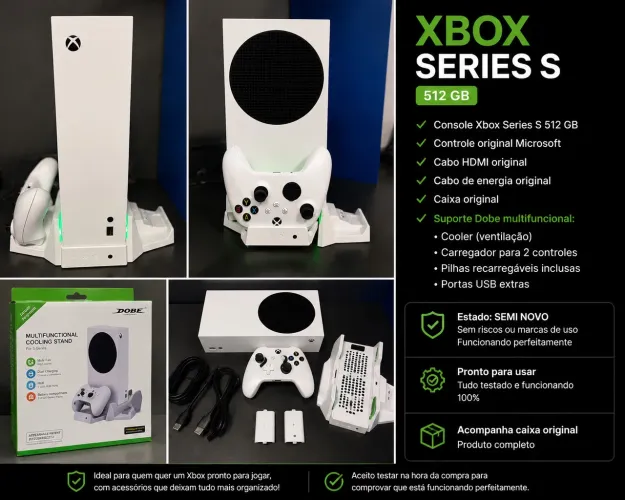 Xbox Series S 512 GB + Suporte Dobe com Cooler e Carregador - seminovo