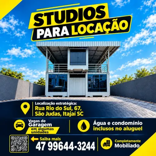 Kitnet (Studios) c/ mobília e eletros novos. Unidades c/ e s/ garagem p/carro, moto, bike.