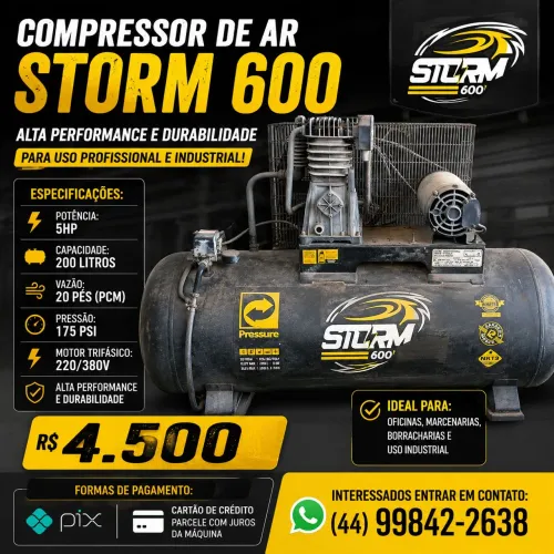 COMPRESSOR PRESSURE 200L, 5HP, STORM 600, 175 PSI, TRIFÁSICO - SEMINOVO, SUPER CONSERVADO.