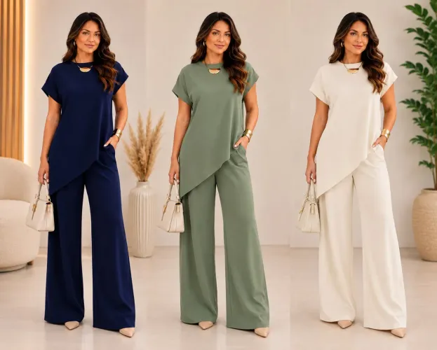 Conjunto Feminino com Blusa Assimétrica e Calça Pantalona - Veste até o 44