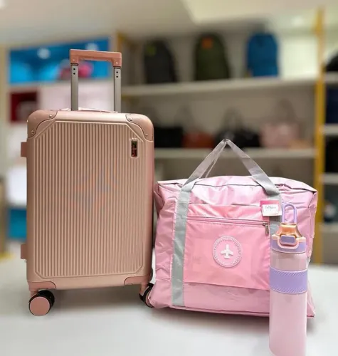 Kit completo de mala + bolsa de viagem e garrafa térmica