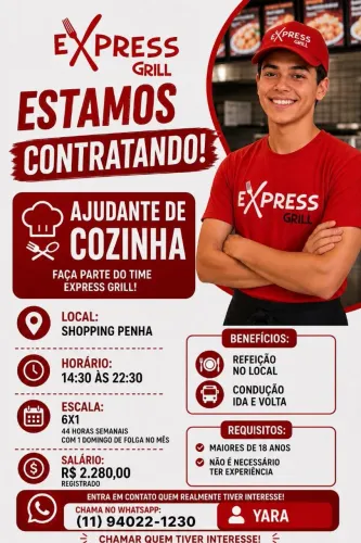 Ajudante de cozinha, atendimento balcão