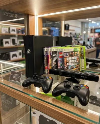Xbox 360 com Kinect, controles e jogos.