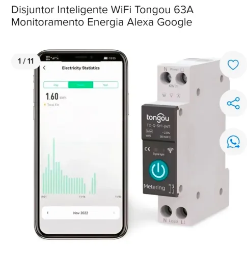 Disjuntor Wi-Fi smart tongou com medição e alexa