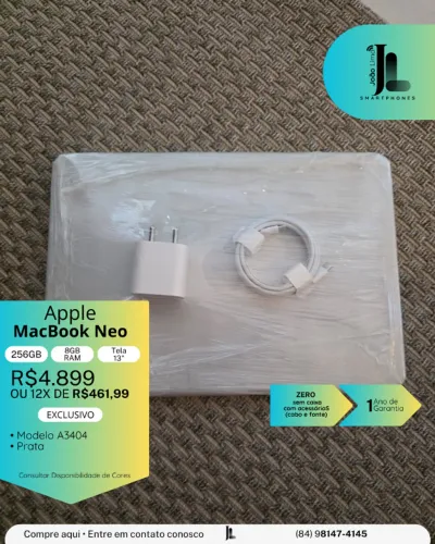 MACBOOK NEO, 256GB, 8GB RAM, TELA 13 POL., ZERO, SEM CAIXA, LANÇAMENTO!