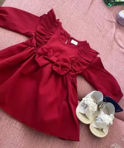 Vestido menina infantil vermelho com faixa laço manga longa 12a18 meses
