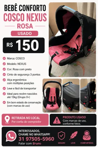 Bebê Conforto Cosco Nexus Rosa - Usado - R$ 150