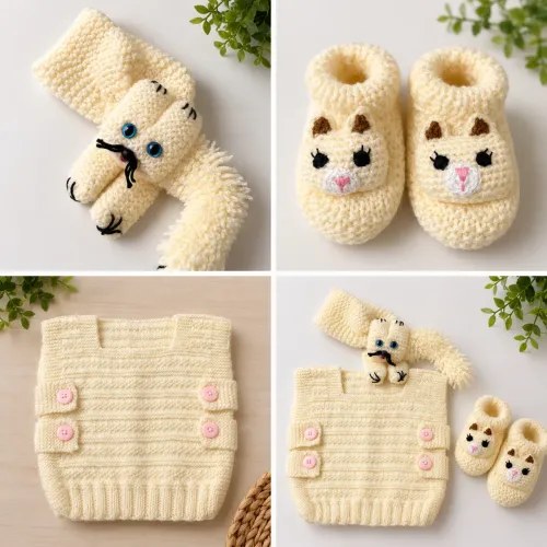 Lindo conjunto de tricô para bebê com colete cachecol e pantufa de gatinho