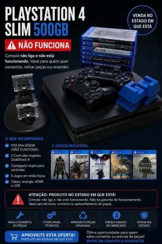 PS4 Slim 500GB - Com Defeito (Não Liga) + Acessórios e Jogos