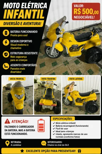 ? Moto Elétrica Infantil Amarela - Bateria Funcionando