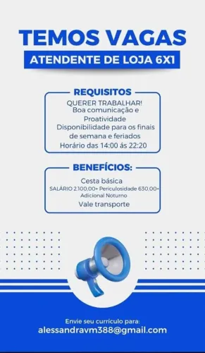 VAGA PARA MULHER EM ATENDENTE DE CONVEIIENCIA