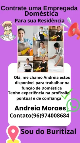 Olá,Estou Disponível para trabalhar na função de Empregada Doméstica. 