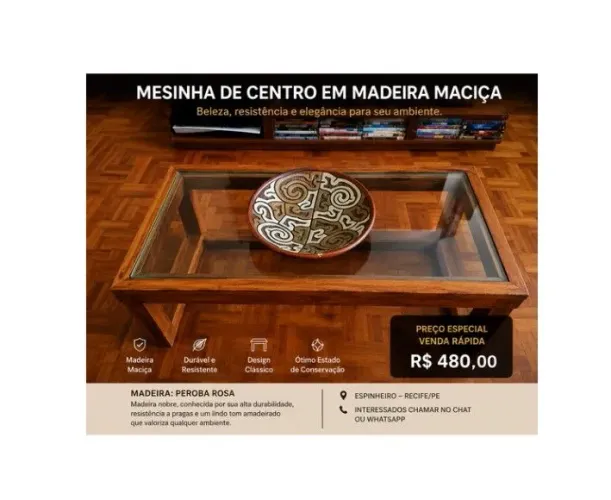 Mesinha de Centro em Madeira Maciça Peroba Rosa Com Tampo de Vidro