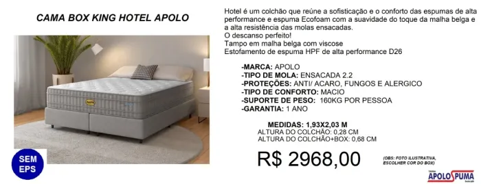 Cama box king colchão molas apolo hotel dupla face - frete gratuito