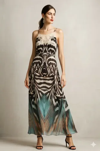 vestido longo estampado com renda ilícito