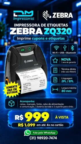 Impressora Térmica de Etiquetas Zebra ZQ320 - 12 meses de Garantia - Instalação Inclusa