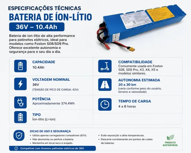 Bateria 36V 10.4Ah para Patinete Elétrico Foston S08/S09 Pro