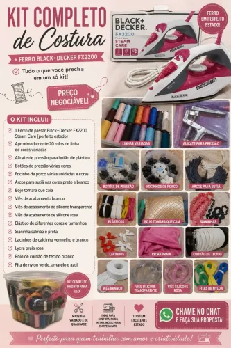 Kit de costura + ferro de passar black+decker em perfeito estado 
