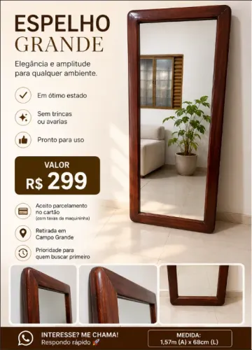 Espelho Grande com Moldura de Madeira Maciça - 1,57m - R$ 299