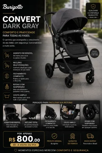 Carrinho de bebê Burigotto Convert Dark Gray - Novo e lacrado!