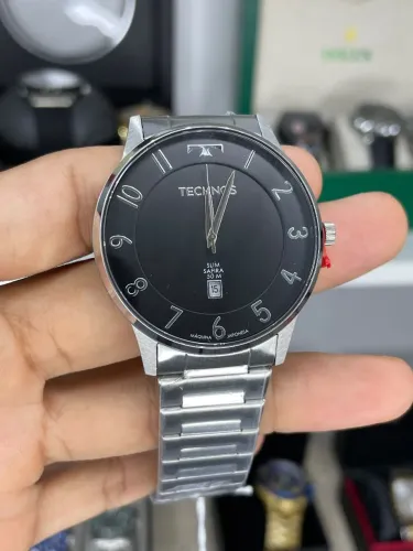 Relógio Technos Slim Prata com Fundo Preto 42mm Visor Safira Quartzo Envio Seguro Correios