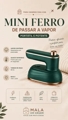 Mini Ferro de Passar a Vapor Portátil Bivolt para Viagem