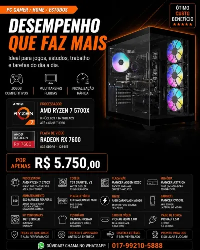 PC GAMER RYZEN 7 5700X + RX 7600 8GB | ALTO DESEMPENHO