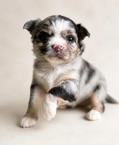 Chihuahua merle macho de pelagem longa cor exótica