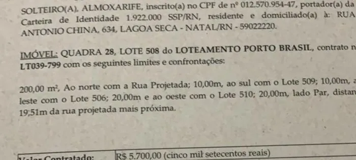 Vende-se terreno no Loteamento Brasil, 10x2018mil reais