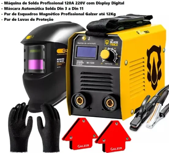 Máquina Solda Inversora Mma 120A com Display 220v + Máscara Automática + Par Esquadro Magn