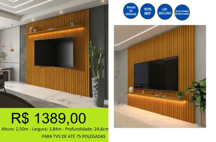 Painel de 1,85M Ripado 100% MDF - Parcelamos em até 10x sem juros