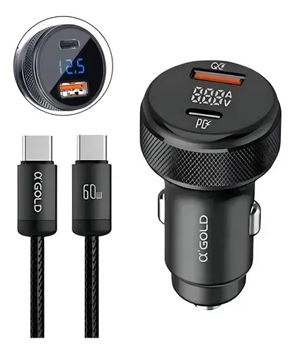 Carregador Veicular 12v 60w Turbo Usb-c + Usb-a 3.0 Com Led