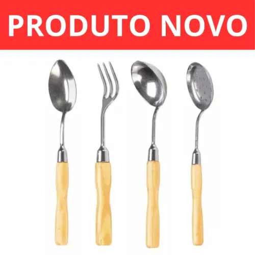 Jogo 4 Colheres Cabo De Madeira Aluminio Utensílios Cozinha