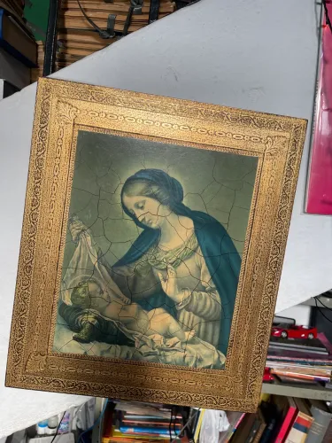 Quadro arte sacra virgem Maria menino Jesus Madeira antigo pintura