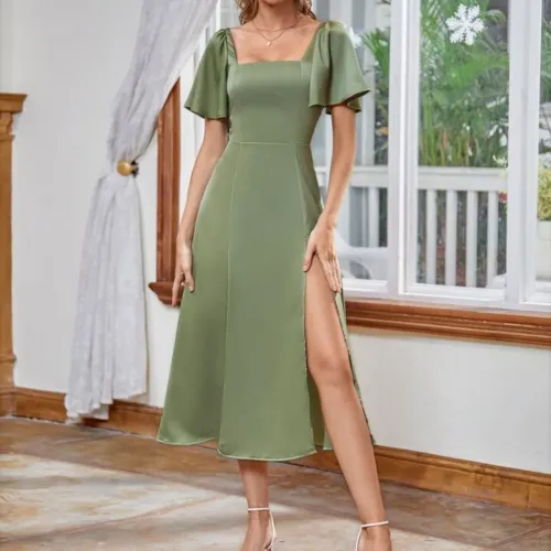 Vestido midi verde topo cetim shein