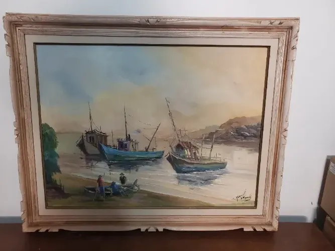 Quadro Porto de Pesca com Moldura em Madeira de lei