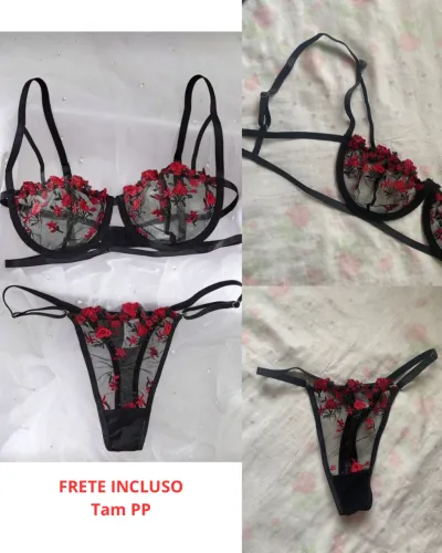 Conjunto de Lingerie de Tule Bordado Floral Feminino Preto e Vermelho Rosas bordadas Pp