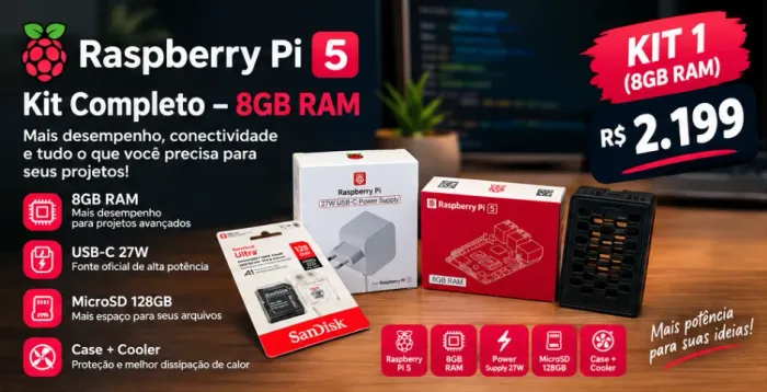 Kit Raspberry Pi 5 8gb + Fonte Original + SD 128gb + Case