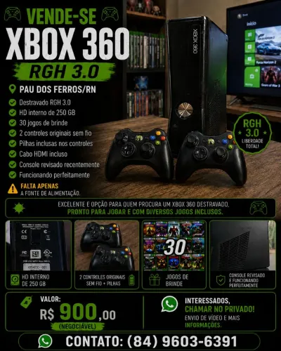 Xbox 360 RGH 3.0 Destravado + HD 250GB + 2 Controles + 30 Jogos