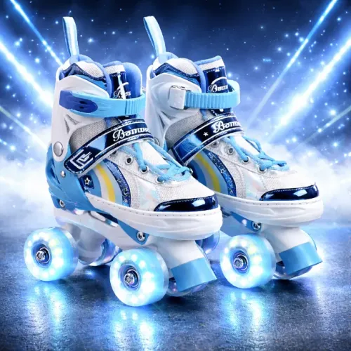 Patins Infantil 4 Rodas Masculina Azul e Branca Luz LED-33-36