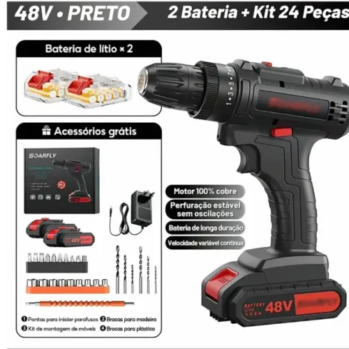 Parafusadeira Furadeira 48v Bateria Lítio + Maleta