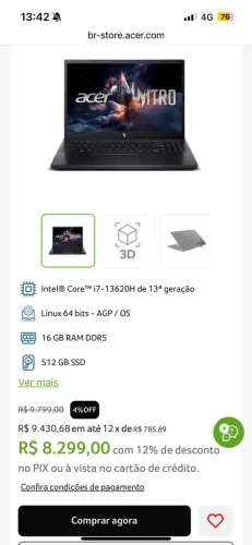 Notebook Gamer Acer Nitro V15 Anv15-52-790m, i7-13ªG, 16GBRAM, RTX4060, SSD 512GB -LACRADO