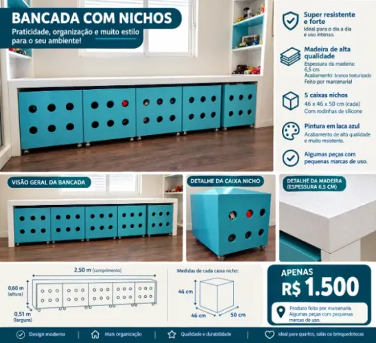 Bancada com Caixas Nichos para quarto, espaço kids, salão de festas