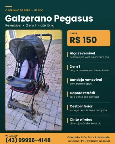 Carrinho de Bebê Galzerano Pegasus Reversível 2 em 1 Usado(vermelho/preto)- Londrina