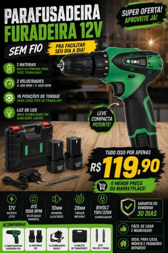 (MENOR PREÇO) Parafusadeira com 2 baterias 12v forte