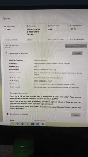 PC Gamer i5-9400F 16GB GTX 1650 4GB SSD 1TB Conservado