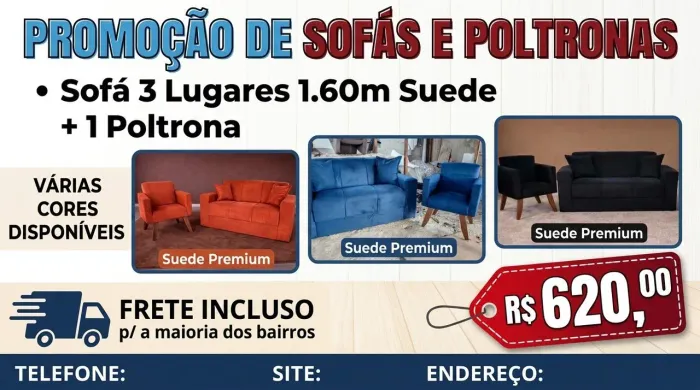 Sofá 3 lugares 1.60m Suede + 1 poltrona ambos várias cores e com frete incluso